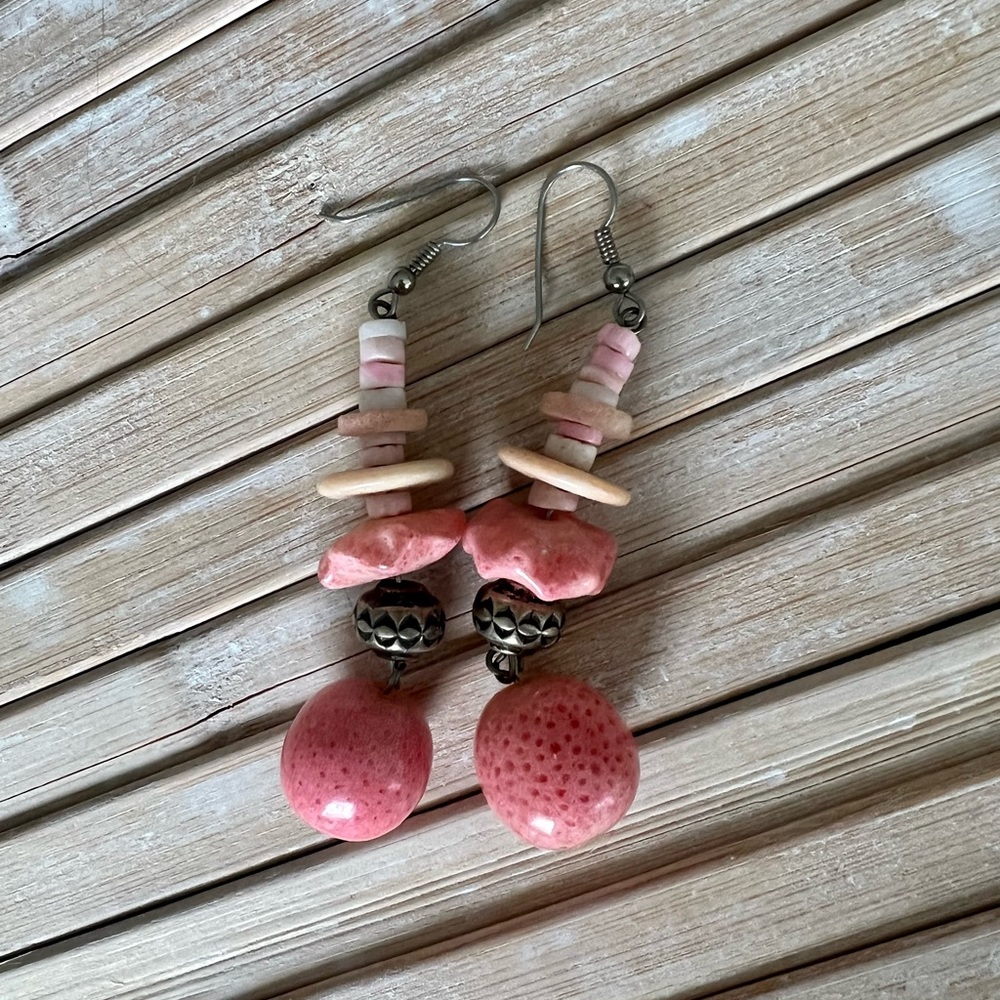 Pink Stone and Silver Dangle Earrings